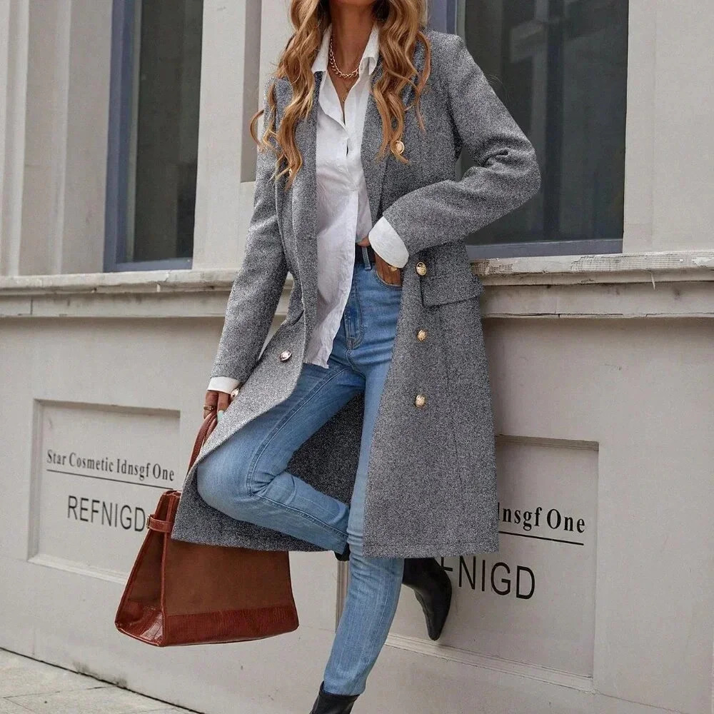 Grey Elegant Women's Double-Breasted Long Sleeve Coat - Picture 3 of 6